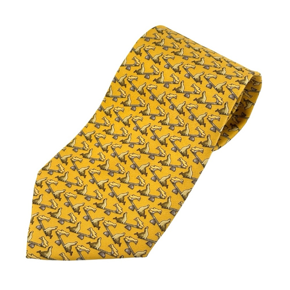 Salvatore‎ Ferragamo 100% Silk Whimsical Seal Balancing Penguin Yellow Tie Italy